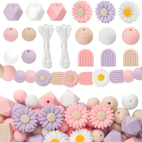 110 Stück Blumenförmige Silikonperlen Rund Lose Bastelperlen Bulk Gänseblümchen Silikonperlen Bulk 4 Farben Blumen Perlen mit Seil für DIY Stifte Handwerk Halskette Armband Schlüsselanhänger machen
