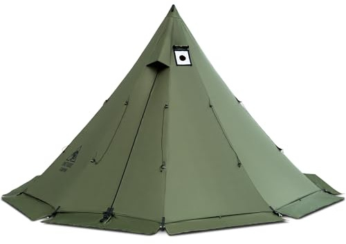 OneTigris Rock Fortress Hot Tent with Stove Jack, 4 Season, 4-6 Person Tipi for Camping, Backpacking, Hunting, Fishing - Waterproof, Wind-Proof (Ranger Green)