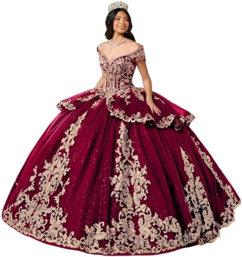 Yifanier Abito da Quinceanera in Tulle gonfio Strascico e Applicazioni in Pizzo Dorato 3D MT039