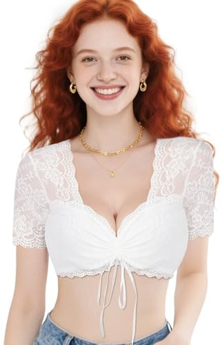 LPAOIS Boléro Dentelle Femme Blanc – Blouse Dirndl Courte Élégante à Manches Courtes avec Cordon Réglable, Haut Traditionnel en Dentelle pour Oktoberfest, Carnaval, Fête Bavaroise – Tailles S/M/L (S)