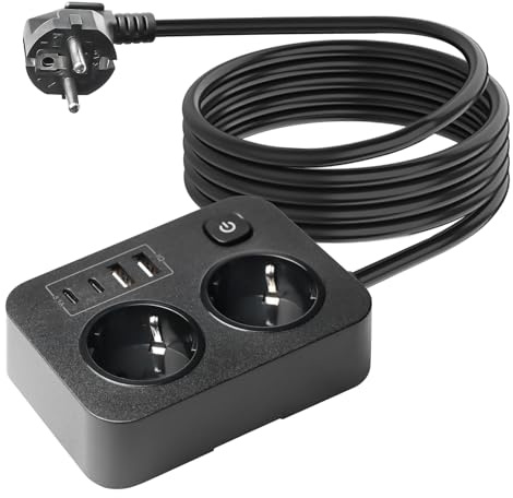 Regleta múltiple con USB C (30 W) de carga rápida, regleta 6 en 1 con 2 USB C y 2 USB A, conector múltiple de 2500 W con fusible de reinicio, cable de 1,8 m, compacto y portátil para casa, oficina y