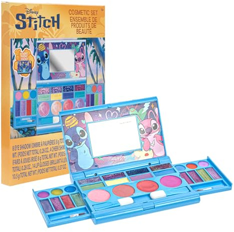 Stitch All-in-One Kids Cosmetic Compact Set Includes Washable Lip Gloss, Eye Shimmer, Cheek Shimmer, Brushes Colorful Portable Beauty Set for Girls, Tweens, by Townley Girl