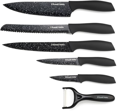 Set di Coltelli e Pelapatate Russell Hobbs 6 Pezzi – Coltelli da Chef/Pane/Carne/Utility/Sbucciatura, Lame Rivestite Antiaderenti Effetto Marmo, Manici Ergonomici Soft-Touch, Lavaggio a Mano, Nero