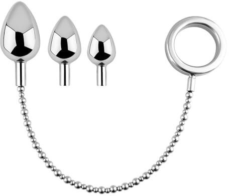 AMAZBEE Set di plug anali in metallo 3 in 1 con catena per sonda uretrale – Plug anali in acciaio inossidabile in 3 misure con plug per pene con perline e anello fallico (Smooth,1)