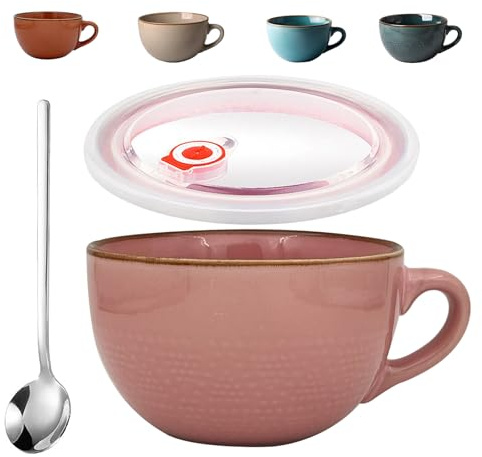 Tazza da Caffè Grande, 700 ml Tazza in Ceramica, Tazza da Tè, Tazza da latte, Ciotola Grande con Manico, Tazza Grandes in Ceramica, con Coperchio e Cucchiaio, per Farina D'avena, Zuppe Calde(Rosa)