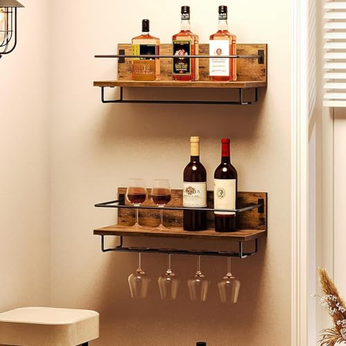 Spalivivre Wall Mounted Wine Rack and Glass Holder,Wine Glass Rack Set of 2,Wine Hanging Floating Shelves, Stemware Glass Organizer for Dining Room Home Bar Kitchen