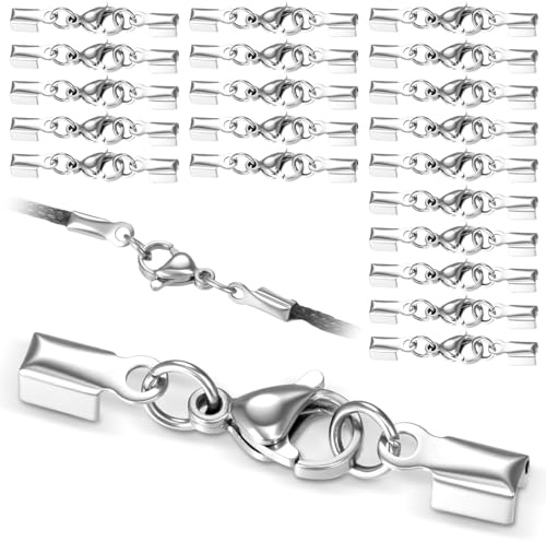 LXUEJIE Juego de 20 tapas de extremo de cordón con conector de cierre de langosta, extremos de cordones de acero inoxidable para hacer joyas, tapas plegables de cuero, collares con cierre para