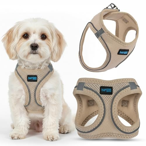 Happet Hundegeschirr XXS für kleine Hunde & Katzen – atmungsaktives Air-Mesh Brustgeschirr, weich gepolstert, leicht & verstellbar, reflektierend, komfortabel & sicher, Softgeschirr für Hunde, Beige