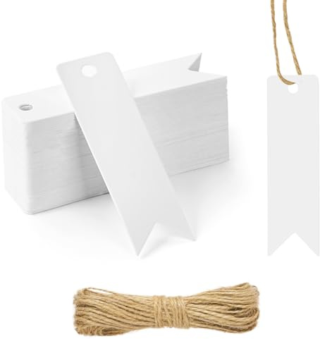 Flintronic Etichette da regalo, 60 Pezzi Etichette in Carta Kraft Rettangolo, 7 * 2cm con 10M Spago in Juta, per Matrimoni,Compleanni,San Valentino e Artigianato- Bianco