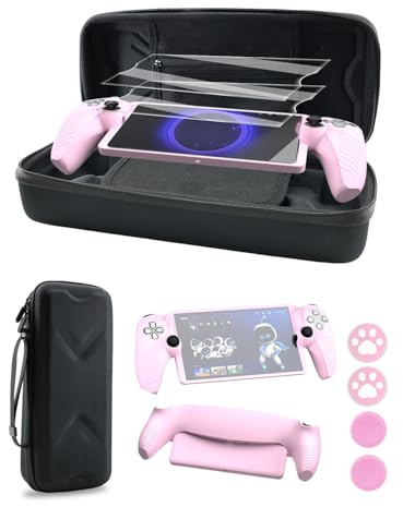 HolyFort 14 in 1 Accessories Set for PlayStation Portal Remote Player, Hard Carrying Case for PS Portal, Silicone Protective Cover, 2 Screen Protectors, 4 Thumb Grips for PS5 Portal, Black & Pink