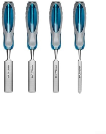 Lot de 4 burins à bois de 6, 12, 18, 24 mm, outils de sculpture en acier au chrome vanadium, bord biseauté pour bois dur, poignée ergonomique pour projets de bricolage du bois