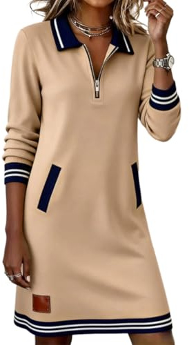shownicer Vestito Donna Invernale Felpa Lunga con Tasche Abito in Felpa Manica Lunga Vestiti Casual Abiti Autunnale Invernale A Cachi XL