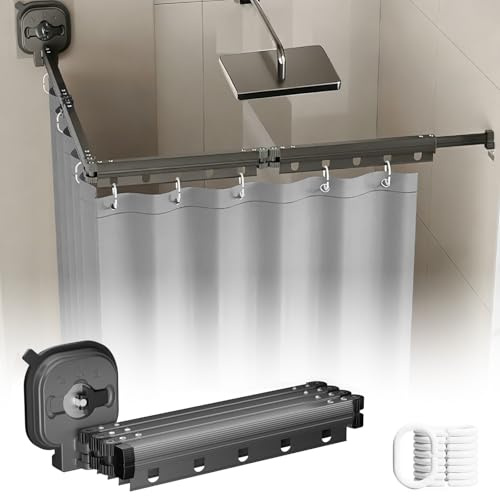 Faltbare Duschvorhangstange mit Saugnapf, Duschvorhangstange ohne Bohren, Wasserdicht Duschvorhang mit Stange, Wandmontage L/U Form Duschvorhang Stange für Ecke/Badewanne (Schwarz, 4-Segment)