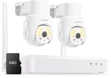 ZOSI 5MP Wireless CCTV Camera System, 2Pcs 360° Pan/Tilt Security Cameras | 8CH 4K Mini WiFi NVR & 64GB Local Storage, Human Detection, Auto Tracking, Color Night Vision, 2-Way Audio, Siren Alarm, IP66