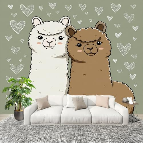 Mural Papel Pintado 3D 350x256cm Lindo Animal Alpaca Fotomurales Tejido No Tejido Antiarrugas Póster Verde Claro Murales Fotográfico Moderno Decoración de Paredes