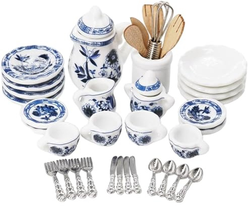 Juego de té en Miniatura, Mini Juego de té de cerámica para casa de muñecas, miniaturas Florales Azules a Escala 1:12 con Tetera, Tazas y Platos - Accesorios de decoración para casa de muñecas