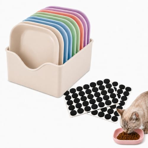 Cat Bowls, 10 Pack Whisker Friendly Cat Dishes and Bowls | Shallow Flat Wheat Straw Kitten Bowls for Nervous Indoor Outdoor Cats Plate, Pet Food and Water Bowls for Wet Food -Pink.