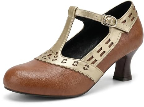 Vervesole Women's T Strap Pumps Classic Stacked Cone Heels Mary Jane Closed Toe