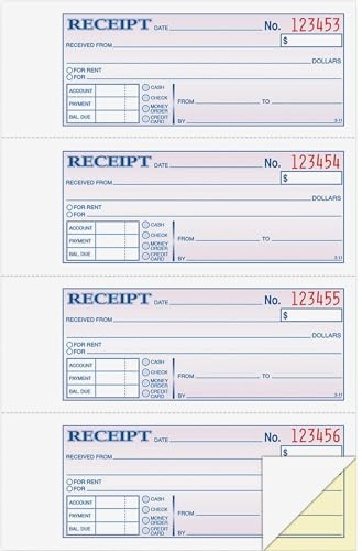 Adams Money and Rent Receipt Book, 2-Part, Carbonless, White/Canary, 7-5/8 x 10-7/8, Bound Wraparound Cover, 200 Sets per Book, 4 Receipts per Page (DC1182)