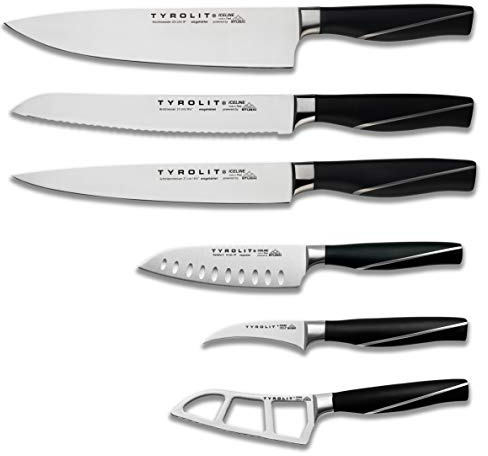 Tyrolit Life Expert - Juego de 6 cuchillos de cocinero, cuchillo de pan, cuchillo de jamón, cuchillo de torneo y cuchillo de queso, cuchillas de calidad para cortes precisos, fabricado en Tirol