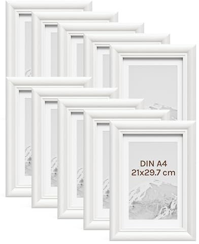 WOLTU Bilderrahmen 15x20cm 10er Set Fotorahmen Holzrahmen mit Passepartout, zum vertikalen oder horizontalen Aufhängen/Aufstellen, Posterrahmen Collage Wanddeko, Weiß
