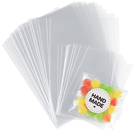 Anstore Süßigkeiten Tüten, 200 Cellophantüten 10x15cm 7x10cm Klar Zellophantüten Tütchen Transparent Kleine Kindergeburtstag Gastgeschenke Zellophanbeutel OPP Geschenktüten Plätzchen mit Aufkleber