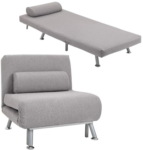 HOMCOM Single Chair Bed, 3-in-1 Linen Folding Sleeper Chair, Grey | Convertible Guest Bed, with 75cm Wide Seat, Adjustable Backrest, Pillow, Metal Legs, Single Adult, for Home, Living Room