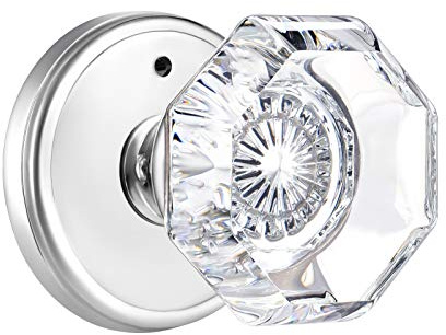 CLCTK Privacy Crystal Glass Door Knobs Interior with Lock, Modern Octagon Door Knobs for Bedroom/Bathroom, Polished Chrome Finish