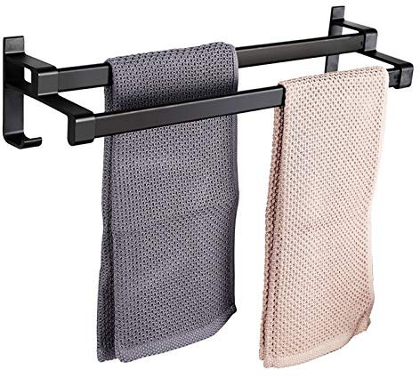 Doppelter Handtuchhalter, Mattschwarzer Wand Handtuchstange, Badezimmer Kein Bohrraum Aluminium Handtuchregal Mit 2 Haken, Platz Für Bis Zu 20 Kg,80cm