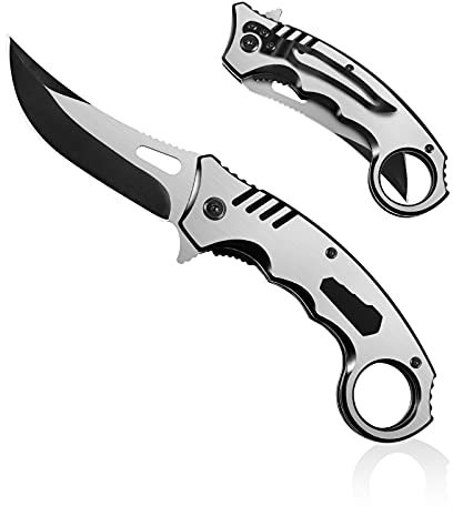 HONZIN Coltello Pieghevole 2 in 1 3Cr13 Coltello Tascabile in Acciaio Inox con Chiave inglese Coltello da Caccia Manico in Acciaio Spazzolato Coltello da Campeggio Portatile (Argento)