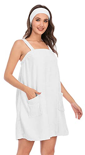 Jamron Mujer Vestido de Toalla de Baño Ajustable con Diadema para Ducha Snuna SPA y Playa Blanco S