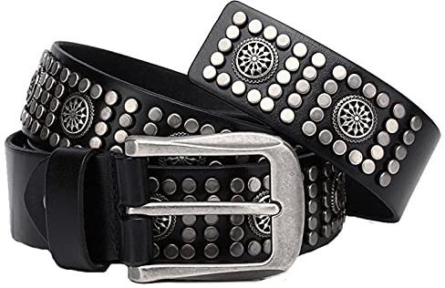 DFGGE Herren Damen Nietengürtel Im Punk Gothic Hip Hop Style Ledergürtel Mit Nieten Blume Design Hand Gemacht Gürtel Schnalle Für Jeans