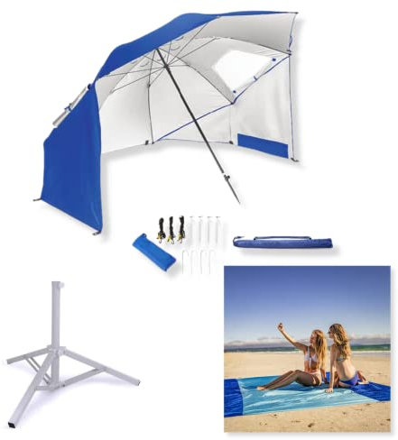 JazLax Beach Umbrella Tent Sun Shade Shelter 2.4m SET Beach Mat and Stand Inc. Portable, UPF 50+ UV Protection 2-4 person, beach, garden, fishing, camping (Blue)