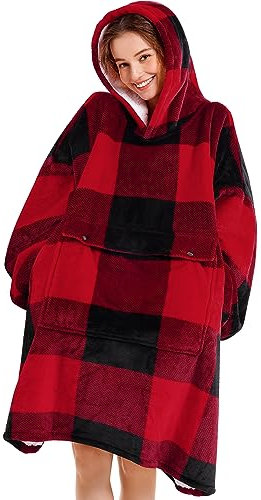 Naretce Decke mit Kapuze für Damen und Herren, hochwertiges Sherpa-Fleece, übergroße Kapuzenjacke mit riesiger Tasche für Damen, super gemütliche und große tragbare Decke, Geschenk, rot kariert