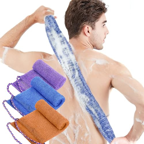 TENQUAN 3 Piezas Exfoliante Esponjas Africanas Esponja Africana de Red cos Asas Esponjas para el Baño de Tela Larga para Exfoliación Corporal de Espalda Adultas Uso Diario(púrpura,azul,café）