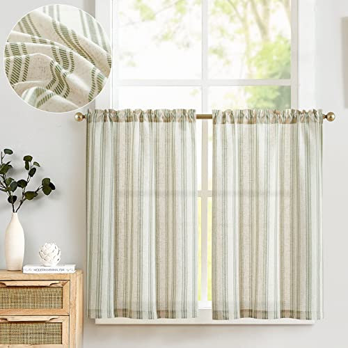 TOPICK Leinen Gestreifte Scheibengardinen Lichtdurchlässig Bistrogardine Sheer Vorhang Privatsphäre Fenstervorhang Gardine für kleine Fenster Küche Bad Wohnzimmer 2er Set 65Bx90H(cm) Grün auf Beige