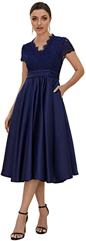 Ever-Pretty Vestido de Fiesta A-línea Largo para Mujer Encaje Mangas Casquillo Escote en V Corte Imperio Sencillo Azul Marino 42