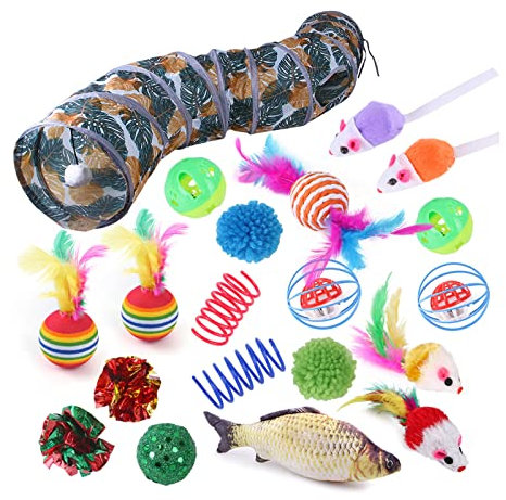 MYSUNBAR Katzen Spielzeug 20 Stück Katzenspielzeug Set mit Katzentunnel, Bälle, Federspielzeug, Plüschspielzeug, Spielzeugmäuse Katzen Spielzeug Variety Pack