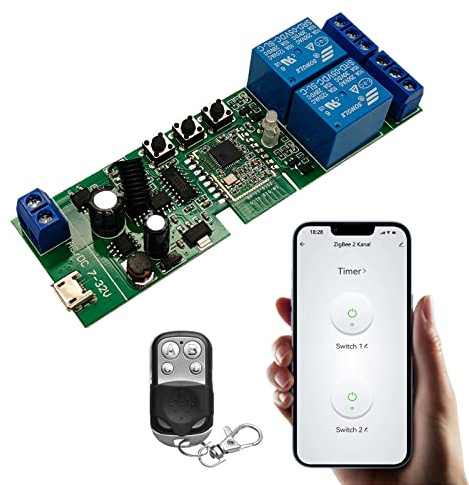 Jane Eyre Zigbee Tuya Smart 2 Kanal Smart Relais mit 433 RF Fernbedienung, USB5V DC7-32V augenblicklich/Selbstverriegelungsschalter, zur Verwendung mit Alexa Google Home (erfordert ZigBee Hub)