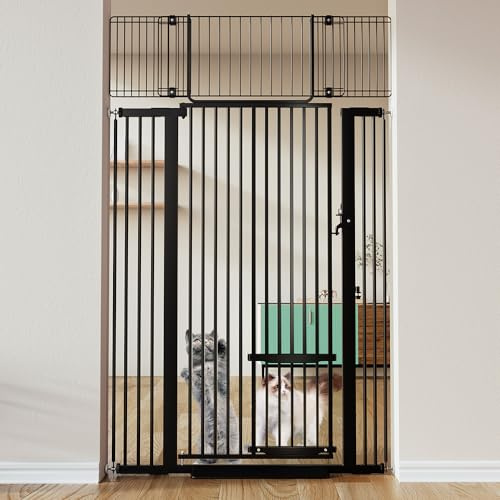 COMOMY 180 cm Extra Hoch Türgitter Katze/Hund, 75-103 cm Extra Breit Türschutzgitter mit Verstellbarer Katzenklappe, Tierschutzgitter Ohne Bohren für Treppen, Türen, Küche (Schwarz)