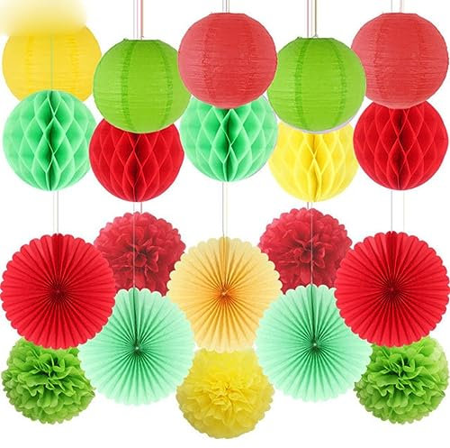 20 Teile/los Party DIY Dekorationen Papierlaternen Set Seidenpapier Pom Poms/Hängende Fächer/Wabenball Geburtstag Hochzeit Zubehör-Grün Rot, 6 Zoll (15 cm)