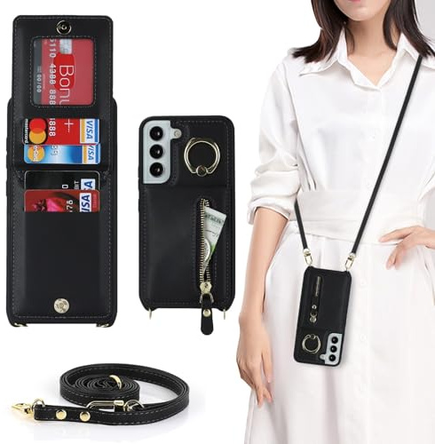 Zouzt Crossbody Wallet Case for Samsung Galaxy S21 FE, with Strap, Black | Lanyard Purse, 4 Card Holder, 360° Ring Kickstand, PU Leather Zipper Handbag, Shockproof TPU, Back Flip Phone Cover for Women