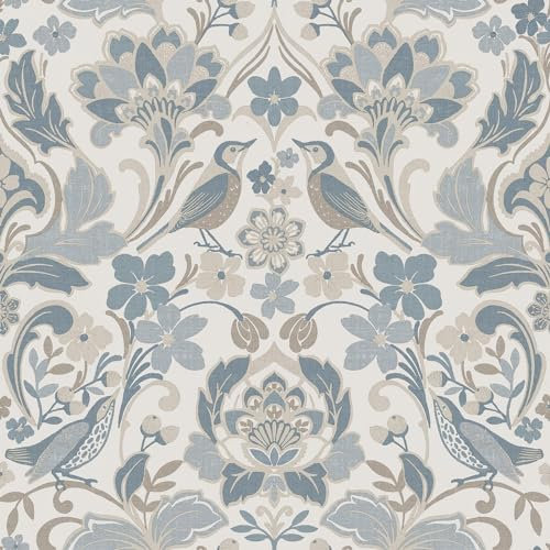 World of Wallpaper Folk Themed Birds Floral Patterned Matte Finish Textured Wallpaper for Living Room and Bedroom - Soft Blue 946103
