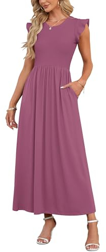 AUSELILY Sommer Maxikleider Dame Taschen Hohe Taille Strandkleid Mauve L