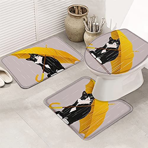 U-Förmiger Teppich Regnerische Süße Katze Mit Regenschirm, Lustige Tierkunst Auf Khaki Wc Vorleger Set 3 Teilig Weiches Badezimmer Vorleger 3-Teiliges Saugfähiger Badteppich-Set 3-Teilig Für Wc