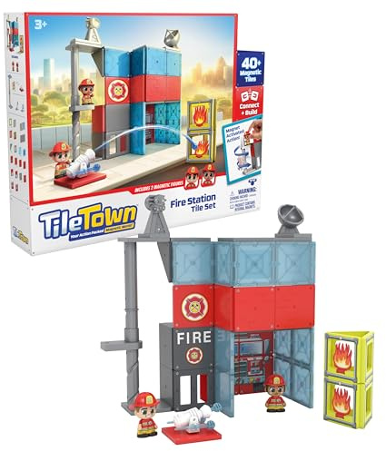 Tile Town Fire House Magnetic Tiles Construction Building Playset + Figures, Kids 3-5+, New ACTION TILES for Action Play, Realistic Builds, STEM Creative Toy, Great Gift for Boys & Girls