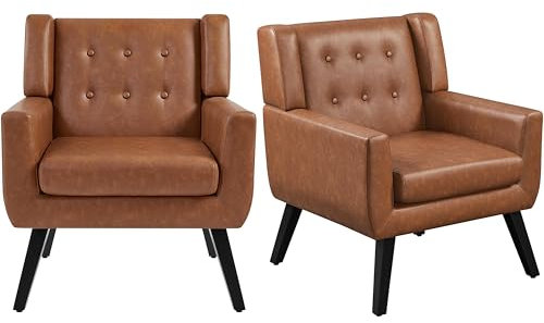 Yaheetech Tub Chair, Modern Button Tufted Armchair, PU Leather Sofa Chairs for Living Room Bedroom Reading Nook, Retro Brown, Set of 2