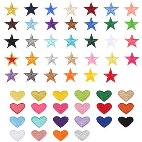 90stk Herz und Stern Patches Zum Aufbügeln, Polyester Sternförmiger Herzförmiger Aufnäher Herz und Stern Applikation Bunte Aufnäher für Kleidung Jeans Hüte Taschen und Kleider