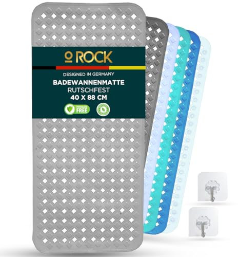 o ROCK Badewannenmatte Grau, 88 x 40cm - Badematte rutschfest mit 2 Selbstklebende Haken zum Aufhängen – Duschmatte mit Abflusslöchern – BPA-, & Latexfrei Antirutschmatte für Badewanne & Dusche (Grey)