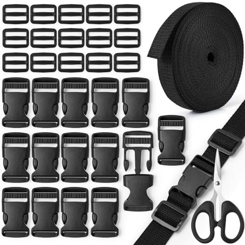 Amentalove 10 Meters Nylon Webbing Strap 32mm, Backpack Chest Strap with 15 Tri-Glide Slides Clip,15 Flat Side Release Buckles and 1 Scissor, Heavy Webbing Strap for DIY Bags Backpack Cargo Strapping